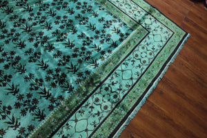 8x10 Overdyed Turquoise Green Floral Deco Wool Rug 2871 - west of hudson