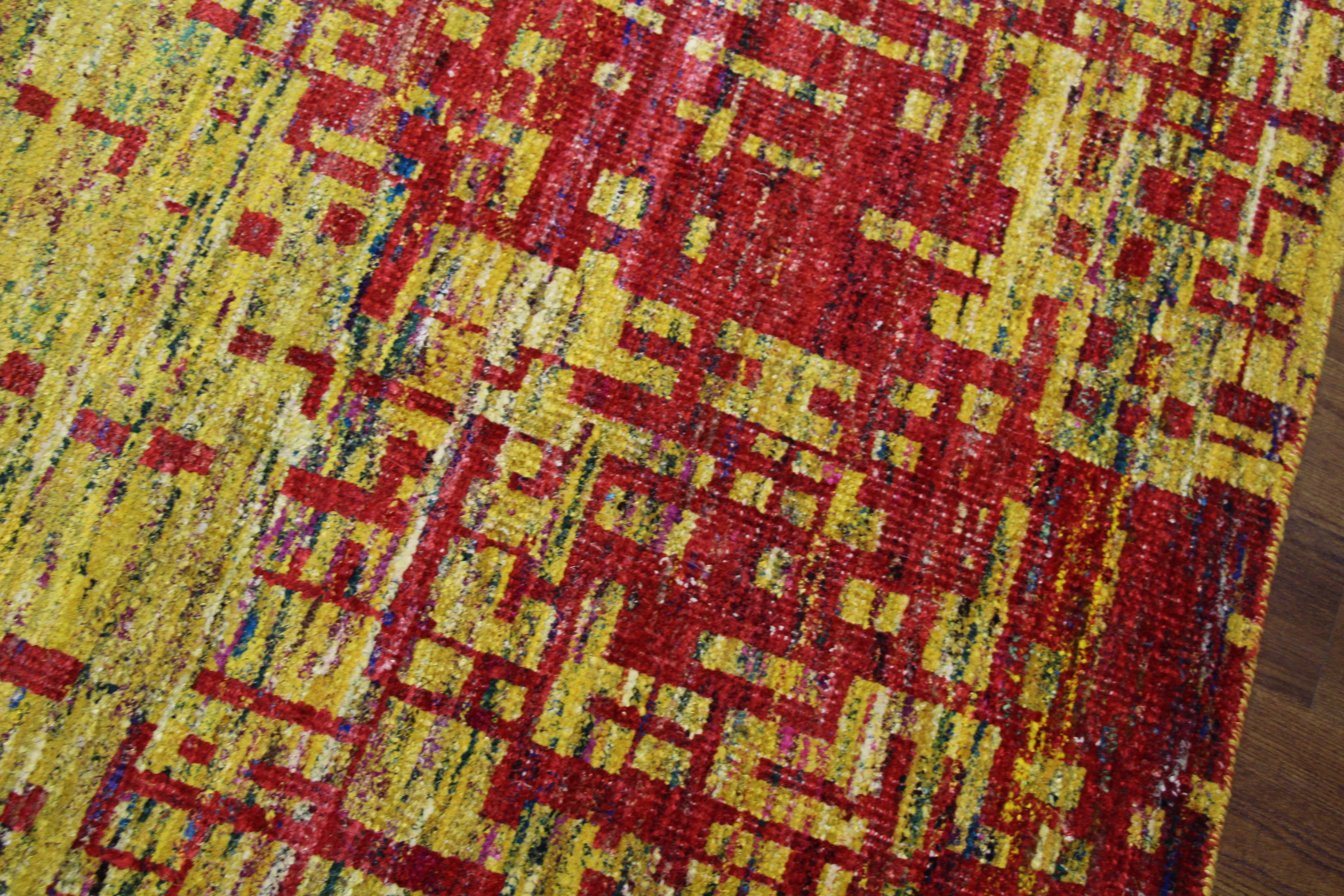 Yellow & Red Indian Sari Art Silk 6x8 One Of a Kind Rug 2860 - west of hudson
