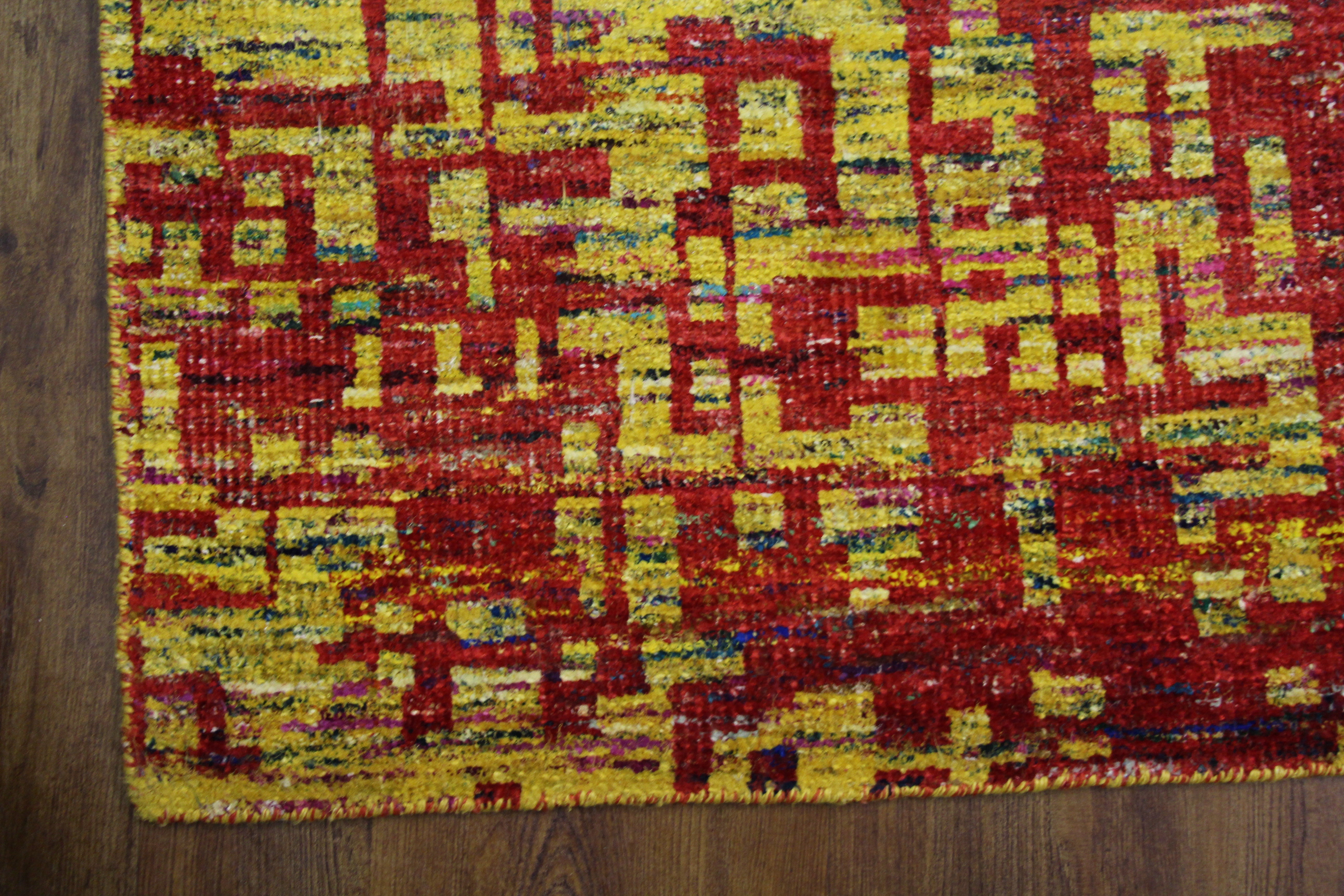 Yellow & Red Indian Sari Art Silk 6x8 One Of a Kind Rug 2860 - west of hudson